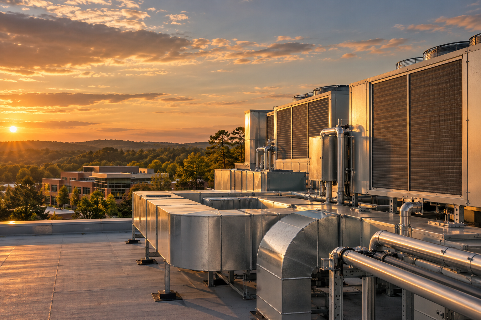 Illustrative view of commercial rooftop HVAC units in warm afternoon light